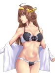  1girl bare_shoulders black_bra bra brown_hair collarbone double_bun headgear ishii_hisao kantai_collection kongou_(kantai_collection) lingerie long_hair long_sleeves looking_to_the_side navel open_clothes open_shirt panties parted_lips shirt simple_background solo standing underwear undressing very_long_hair white_background white_shirt 