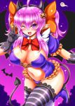  1girl breasts cleavage commentary_request demon_girl demon_tail demon_wings detached_collar fake_horns gloves halloween horns kittan_(cve27426) large_breasts long_hair looking_at_viewer navel one_eye_closed open_mouth original pink_eyes pink_hair pointy_ears smile solo tail thigh-highs w wings 