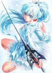  1girl blue_dress blue_eyes blue_hair dress hair_ornament lain long_hair long_sleeves looking_at_viewer ponytail rwby solo sword very_long_hair weapon weiss_schnee wide_sleeves 
