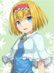  1girl alice_margatroid blonde_hair blue_dress blue_eyes capelet dress hairband lolita_hairband looking_at_viewer open_mouth short_hair solo touhou upper_body uumaru1869 