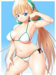  1girl angela_balzac armpits bare_shoulders bikini blonde_hair blue_eyes breasts highres large_breasts long_hair looking_at_viewer navel onsoku_maru rakuen_tsuihou smile solo swimsuit thighs very_long_hair white_bikini white_swimsuit 