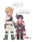  2boys age_regression black_hair blonde_hair blue_eyes caesar_anthonio_zeppeli child feathers green_eyes hair_feathers holding_hands jojo_no_kimyou_na_bouken joseph_joestar_(young) mapi_(mup1228) multiple_boys scarf striped striped_scarf translation_request younger 
