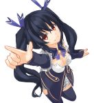  1girl bare_shoulders black_hair breasts cleavage hair_ornament himajin_(starmine) long_hair looking_at_viewer neptune_(series) noire pointing pointing_at_viewer red_eyes sketch twintails 