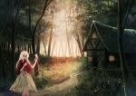  1girl albino butterfly_on_hand forest house long_hair looking_at_viewer miyakure nature path red_eyes road shirt silver_hair skirt smile solo sound_horizon white_hair 