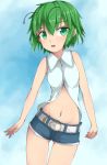  1girl antennae ass_visible_through_thighs bare_arms bare_shoulders belt cowboy_shot green_eyes green_hair highres looking_at_viewer midriff navel open_clothes open_mouth open_shirt shirt short_hair short_shorts shorts sleeveless sleeveless_shirt solo thighs touhou uumaru1869 wriggle_nightbug 