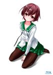  1girl blouse brown_eyes brown_hair brown_legwear gradient_hair highres kantai_collection kaze_makase long_hair long_sleeves multicolored_hair mutsuki_(kantai_collection) pantyhose redhead school_uniform serafuku short_hair sititng sitting skirt wariza 