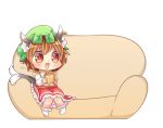  1girl :3 animal_ears brown_eyes brown_hair cat_ears cat_tail chen commentary_request couch cup fang green_hat hat highres ibarashiro_natou jewelry long_sleeves mob_cap mug multiple_tails nekomata open_mouth short_hair single_earring sitting solo tail touhou two_tails white_legwear 