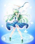  1girl :d armpits bangs bare_shoulders blue_ribbon blue_skirt blush detached_sleeves falling_leaves frog_hair_ornament green_hair green_shoes hair_ornament highres holding index_finger_raised japanese_clothes kochiya_sanae leaf long_hair long_skirt long_sleeves looking_at_viewer magic_circle maple_leaf navel open_mouth osashin_(osada) ribbon shoes skirt smile snake_hair_ornament socks solo touhou traditional_clothes very_long_hair vest white_legwear wide_sleeves yellow_eyes 