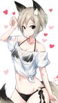  1girl :3 animal_ears bikini black_eyes dog_ears dog_tail highres idolmaster idolmaster_cinderella_girls natsu_(anta_tte_hitoha) see-through shiomi_shuuko shirt short_hair silver_hair solo standing swimsuit t-shirt tail 