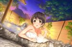  1girl artist_request breast_rest breasts brown_eyes brown_hair d: highres idolmaster idolmaster_cinderella_girls idolmaster_cinderella_girls_starlight_stage large_breasts naked_towel official_art oikawa_shizuku onsen open_mouth short_hair towel 