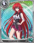  1girl ahoge blue_eyes card_(medium) character_name chess_piece high_school_dxd king_(chess) long_hair looking_at_viewer pleated_skirt purple_skirt redhead rias_gremory skirt smile solo torn_clothes 