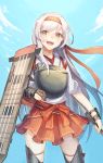  1girl bow_(weapon) brown_eyes gi_(melmail) gloves headband highres japanese_clothes kantai_collection long_hair muneate open_mouth remodel_(kantai_collection) shoukaku_(kantai_collection) silver_hair skirt smile weapon 