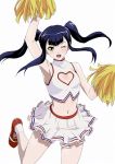  1girl black_hair cheerleader cleavage_cutout flat_chest hair_ornament ikkitousen long_hair looking_at_viewer navel one_eye_closed open_mouth saji_genpou_(true) simple_background skirt socks solo twintails white_background white_legwear white_skirt yellow_eyes 