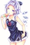  1girl absurdres alternate_hairstyle blue_eyes blue_hair cirno commentary_request dress food fruit hair_up highres ice ice_wings licking melting popsicle solo tongue tongue_out touhou watermelon watermelon_bar wings yuusei_tsukiro 