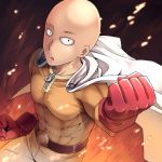  1boy :o abs bald belt black_eyes cape clenched_hand embers fire foreshortening gloves hoshiyoruno onepunch_man saitama_(onepunch_man) skin_tight solo 