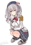  1girl blue_eyes gloves grey_hair highres kantai_collection kashima_(kantai_collection) p.k.f smile squatting twintails uniform 