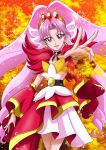  1girl akagi_towa belt bracelet choker cowboy_shot cure_scarlet detached_sleeves earrings fire go!_princess_precure hanzou jewelry long_hair magical_girl orange_background outstretched_hand pink_hair pointy_ears precure quad_tails red_eyes skirt smile solo 