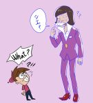  2boys ?? age_difference baseball_cap brown_hair buck_teeth crossover english facial_hair formal hat height_difference iyami male_focus multiple_boys mustache nickelodeon osomatsu-kun osomatsu-san pointing pointing_at_self purple_background purple_suit shirt simple_background suit t-shirt the_fairly_oddparents timmy_turner trait_connection 