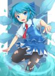  1girl adapted_costume black_legwear blue_dress blue_eyes blue_hair bow cirno dress fang hair_bow ice ice_wings looking_at_viewer necktie open_mouth pantyhose shirt short_hair smile solo torn_clothes torn_pantyhose touhou uumaru1869 wings 