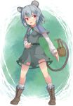  1girl animal_ears basket boots capelet dress gem grey_dress grey_hair highres jewelry long_sleeves looking_at_viewer mouse_ears mouse_tail nazrin open_mouth pendant pink_eyes shirt smile solo tail touhou uumaru1869 