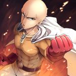  1boy abs bald belt black_eyes cape clenched_hand embers fire foreshortening gloves hoshiyoruno onepunch_man saitama_(onepunch_man) serious skin_tight solo 