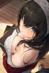  1girl bare_shoulders black_hair blue_eyes blush book breasts cleavage from_above hairband highres idolmaster idolmaster_cinderella_girls jewelry long_hair mossi necklace open_mouth sagisawa_fumika solo_focus sweater 
