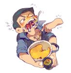  1boy black_hair disembodied_limb eating feeding highres jumpsuit karamatsu male_focus mushroom one_eye_closed osomatsu-kun osomatsu-san simple_background solo spoon tearing_up white_background 