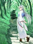  1girl absurdres elf flower forest grass highres japanese_clothes kimono long_hair looking_back nature nonburn obi pavement pointy_ears red_eyes sash silver_hair solo stairs tree white_kimono 