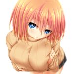  1girl blue_eyes breasts highres huge_breasts leaning_forward orange_hair original short_hair skirt sweater watarui 
