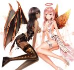  2girls angel angel_and_devil angel_wings arched_back bangs bare_shoulders belt black_hair black_skirt black_wings blue_eyes breasts buckle cleavage dark_skin dress feathered_wings feathers fishnet_legwear fishnets frills halo high_heels jewelry lace-trimmed_legwear lock long_hair looking_at_viewer mabinogi mabinogi_heroes multiple_belts multiple_girls navel necklace open_toe_shoes padlock parted_lips pink_eyes pink_hair shoes skirt skirt_set sleeveless smile star starry_background swept_bangs thigh-highs thigh_strap white_dress wings yuja 