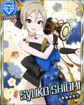  1girl alternate_costume artist_request black_eyes black_ribbon blonde_hair breasts card_(medium) character_name cleavage diamond_(symbol) drum earrings idolmaster idolmaster_cinderella_girls instrument jewelry necklace official_art playing_instrument ribbon shiomi_shuuko short_hair solo sparkle 