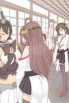  ahoge bare_shoulders black_hair book brown_hair commentary_request detached_sleeves double_bun gloves hairband headgear hiei_(kantai_collection) highres japanese_clothes kantai_collection kirishima_(kantai_collection) kongou_(kantai_collection) long_hair multiple_girls nagato_(kantai_collection) nontraditional_miko ojotou size_difference 