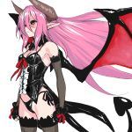  1girl bare_shoulders black_legwear black_panties bochi_(yamakan) breasts cleavage clenched_hand coattails demon_girl demon_horns demon_tail demon_wings detached_collar elbow_gloves female fingerless_gloves gloves horns long_hair looking_afar no_pants original panties pink_hair pointy_ears red_eyes revealing_clothes ribbon scowl side-tie_panties solo succubus tail thigh-highs underwear very_long_hair white_background wind wings 