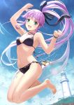  1girl aqua_eyes bikini jumping kantai_collection long_hair ponytail purple_hair swimsuit tan_taka yura_(kantai_collection) 