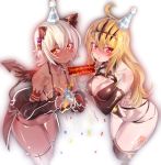  2girls ahoge animal_ears black_rock_shooter blonde_hair blush breasts chariot_(black_rock_shooter) cleavage crown dark_skin dio_uryyy dress happy_birthday hat long_hair looking_at_viewer multiple_girls navel open_mouth party_hat party_popper red_eyes short_hair strength_(black_rock_shooter) tail tattoo thigh-highs white_hair yellow_eyes 