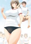  2girls 4boys blush breasts carrying curvy giant large_breasts multiple_boys multiple_girls original size_difference smile tall thighs 