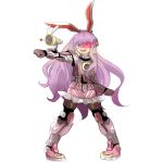  1girl animal_ears armor armored_boots armored_dress bunny_print carrot_print crescent_moon gloves gun kia_(tumblr) lavender_hair legacy_of_lunatic_kingdom long_hair moon open_mouth rabbit_ears red_eyes reisen_udongein_inaba scouter smile solo stance star_print touhou weapon 