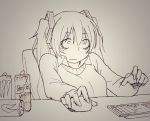 1girl bags_under_eyes chair collared_shirt computer_keyboard computer_mouse energy_drink eyebrows eyelashes fingernails hatsune_miku long_fingernails monochrome monster_energy office_chair red_bull shirt sketch solo sweater twintails vocaloid wokada 