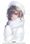  1girl blue_hallelujah brown_eyes brown_hair coat earrings from_side fur_coat fur_hat hands_together hat jewelry looking_at_viewer simple_background smile snowflake_earrings solo white white_background winter_clothes winter_coat 