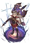  1girl armor axe bangs bazooka_oiran black_legwear boots cape from_above full_body gauntlets granblue_fantasy grey_hair hair_between_eyes hand_on_hip high_heel_boots high_heels holding_weapon horns long_hair long_sleeves looking_at_viewer magic over_shoulder pleated_skirt sarasa_(granblue_fantasy) skirt smile solo standing thigh-highs violet_eyes weapon weapon_over_shoulder 