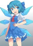  1girl ascot blue_dress blue_eyes blue_hair bow cirno dress fang hair_bow ice ice_wings looking_at_viewer open_mouth puffy_short_sleeves puffy_sleeves shirt short_hair short_sleeves smile solo touhou uumaru1869 wings 