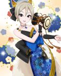  1girl alternate_costume artist_request black_eyes black_ribbon blonde_hair breasts cleavage drum earrings idolmaster idolmaster_cinderella_girls instrument jewelry necklace official_art playing_instrument ribbon shiomi_shuuko short_hair solo sparkle 