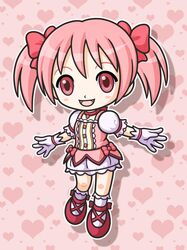  1girl chibi commentary_request haru_kanata highres kaname_madoka magical_girl mahou_shoujo_madoka_magica outline pink_background pink_hair shadow solo tagme 