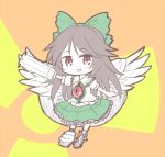  1girl arm_cannon black_hair cape chibi feathered_wings long_hair mismatched_footwear nibi open_mouth red_eyes reiuji_utsuho solo third_eye touhou weapon wings 