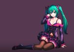  1girl boots bra butterfly_hair_ornament defiaz_(infinity) garter_straps green_eyes green_hair hair_ornament hatsune_miku long_hair navel project_diva_(series) project_diva_f sitting solo sweet_devil_(vocaloid) thigh-highs twintails underwear vocaloid 