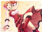  1girl bare_shoulders boots breasts brown_eyes choker dress e20 earrings headset idolmaster idolmaster_cinderella_girls jewelry komatsu_ibuki long_hair microphone necklace open_hand open_mouth orange_hair red_boots scrunchie side_ponytail smile solo sparkle 