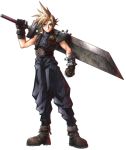  1boy asymmetrical_clothes asymmetrical_hair baggy_pants bare_shoulders belt big_hair blonde_hair blue_eyes boots buster_sword cloud_strife colored_pencil_(medium) final_fantasy final_fantasy_vii full_body gloves highres huge_weapon leaning_to_the_side looking_at_viewer male_focus nomura_tetsuya official_art over_shoulder pants pauldrons pose ribbed_sweater sleeveless sleeveless_turtleneck soldier solo spiky_hair suspenders sweater sword sword_over_shoulder toned traditional_media turtleneck weapon weapon_over_shoulder white_background zipper 