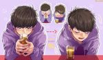  1boy absurdres arrow black_hair blush character_name derivative_work drinking drunk dual_persona highres hoodie ichimatsu korean lmn6918 messy_hair osomatsu-kun osomatsu-san purple_background simple_background sitting twitter_username upper_body 