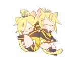  1boy 1girl :3 animal_ears antenna_hair bandaid bandaid_on_nose blonde_hair blush cable cat_ears cat_tail chibi closed_eyes eyebrows eyebrows_visible_through_hair gym_uniform hair_ornament hairclip headphones iruyu jacket kagamine_len kagamine_rin kemonomimi_mode kneehighs long_sleeves project_diva_(series) short_hair shorts simple_background sleeping tail track_jacket track_suit vocaloid white_background 
