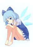  1girl barefoot blue_eyes blue_hair bow cirno commentary_request crossed_arms dress hair_bow hifumiyo ice ice_wings large_bow legs looking_at_viewer naughty_face seductive_smile short_dress short_hair smile solo touhou tsurime wings 